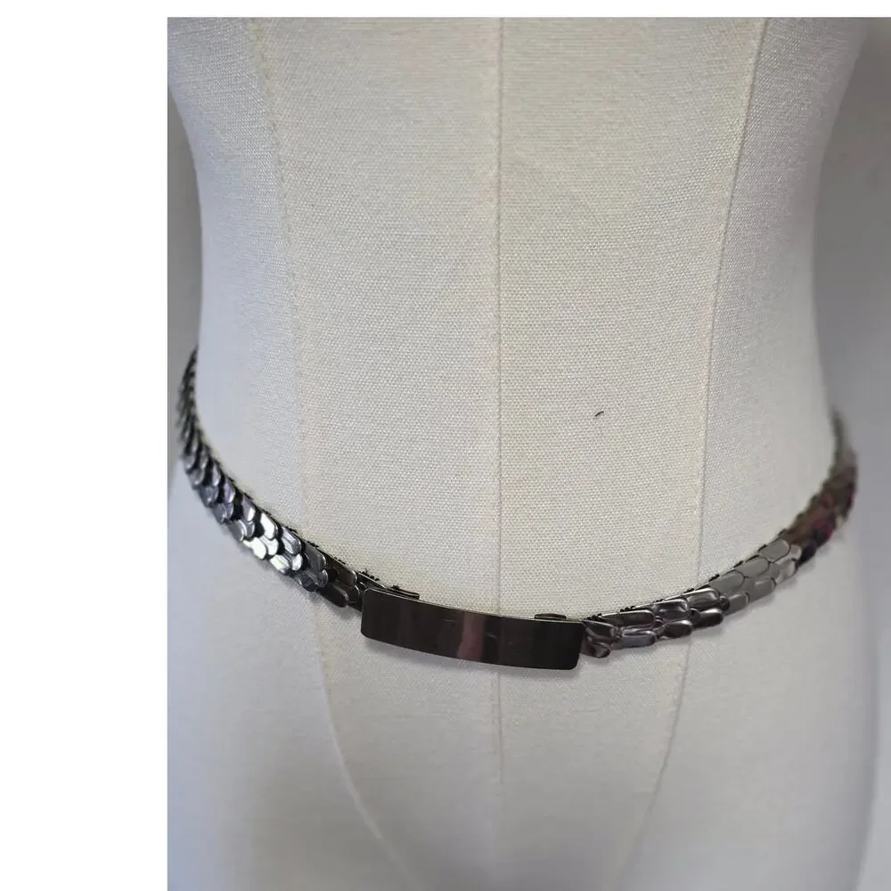Vintage 80s Silver-Tone Stretch Belt Sleek Rectangular Metal Buckle Elastic Punk